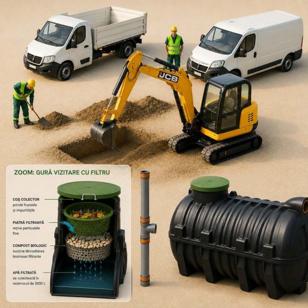 PACHET REZERVOR APĂ PLUVIALĂ 3000 L CU FILTRU ȘI MONTAJ COMPLET